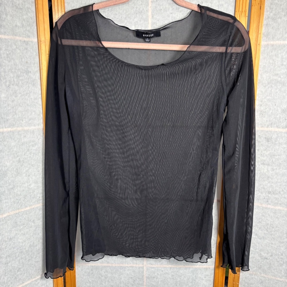 Womens Small Kaktus Black Mesh Ruffle Hem Long Sleeve Crew Neck Top Boho‎ Y2k